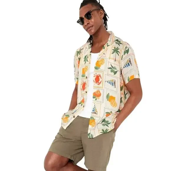 Old Navy Men's Short Sleeve Camp Shirt Retro Postcard Style Button Down Shirt - Picture 3 of 9